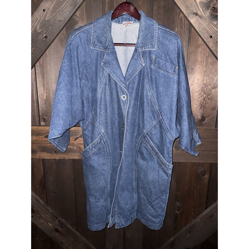 VTG 80s CONTEMPO Denim Dark Blue Jean Jacket Heavy Shoulder Pads Long USA